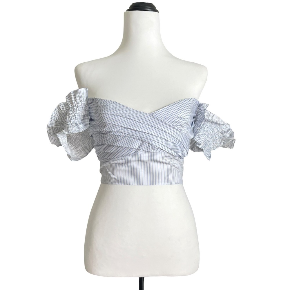 TWP Trish Wescoat Pound Off Shoulder Crop Top XS Striped Ruffle Romantic Coastal